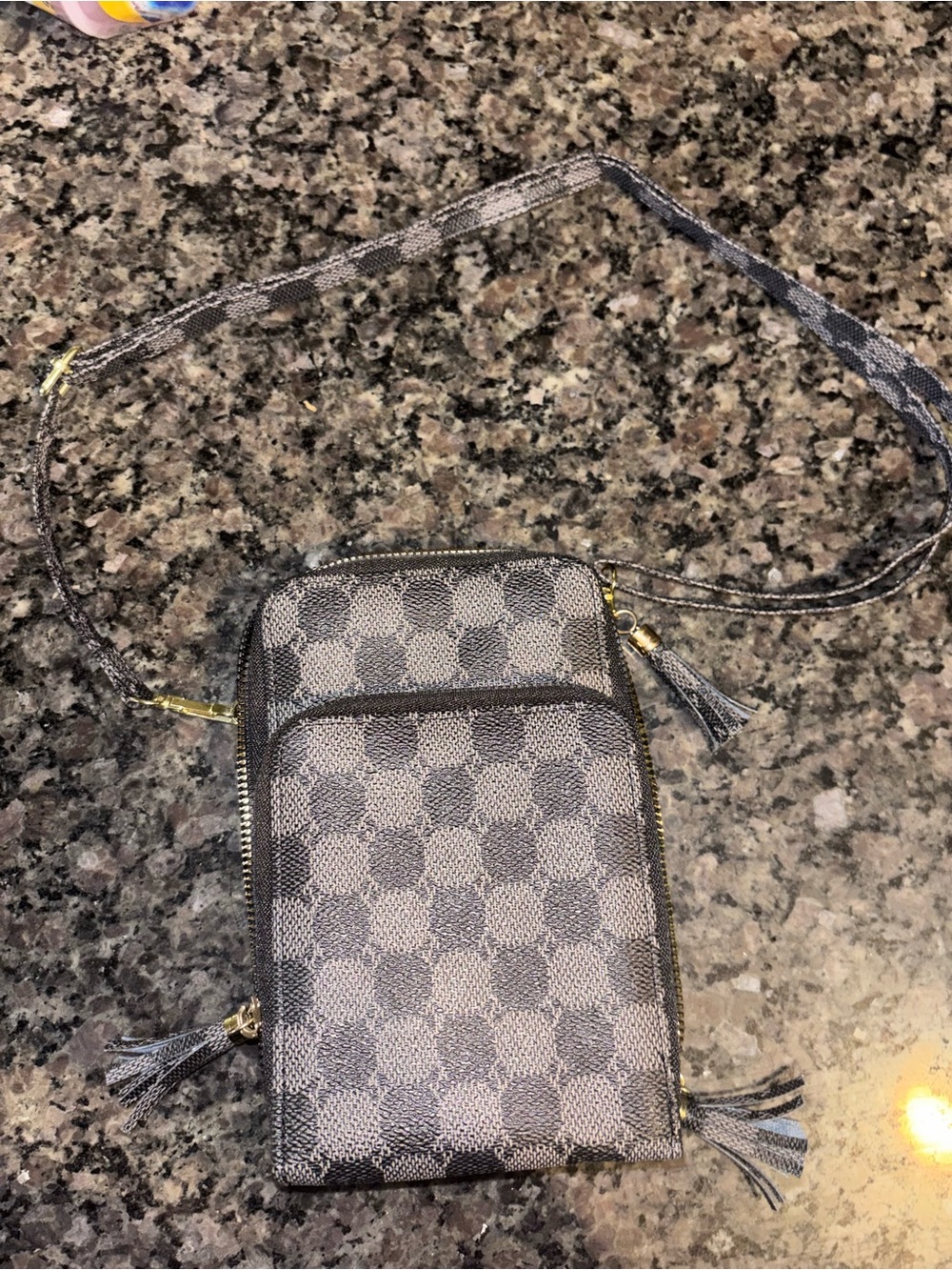 Gray Checkered Crossbody Phone Wallet